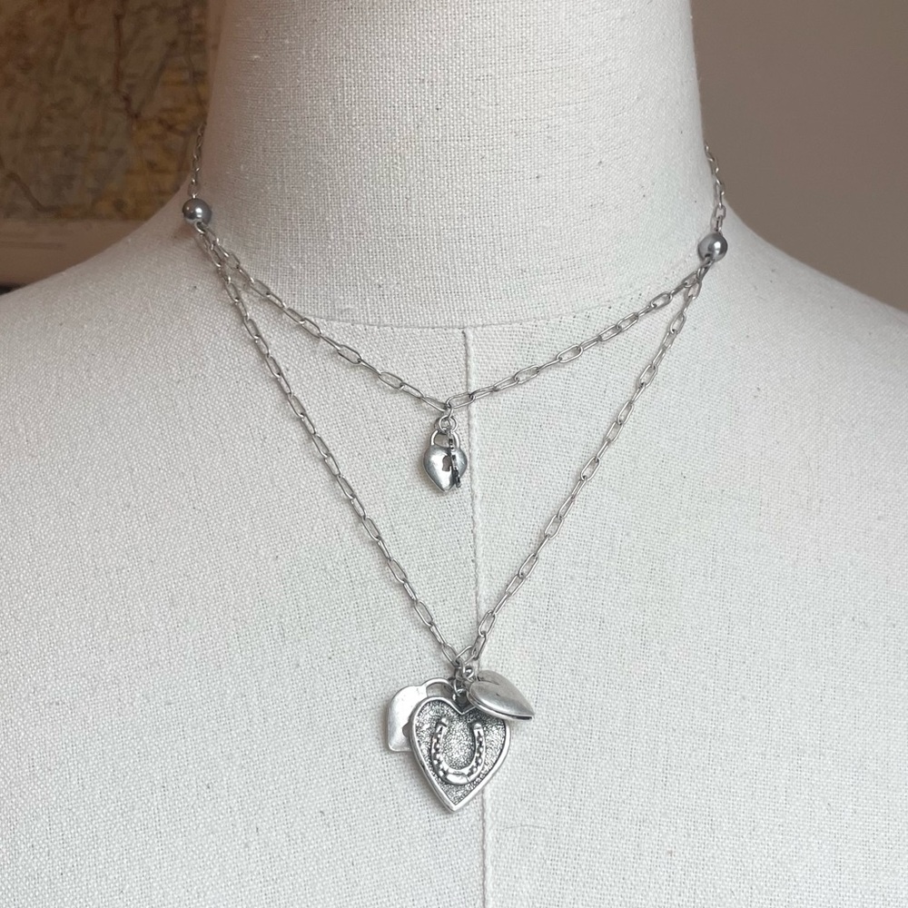 Vintage 90s Silver Horseshoe Heart Charm Locket Western Cowgirl Layered Necklace